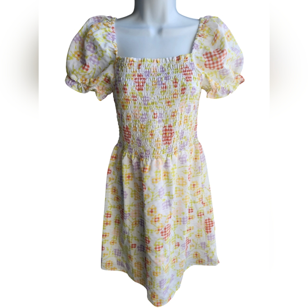 NWT Loft Gingham Floral Print Puff Sleeve Smocked Dress Size XS